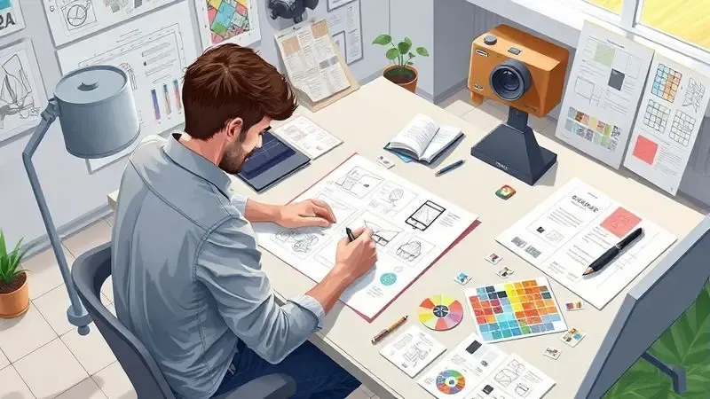 Ilustração de designer planejando cartaz com sketches e grids de layout