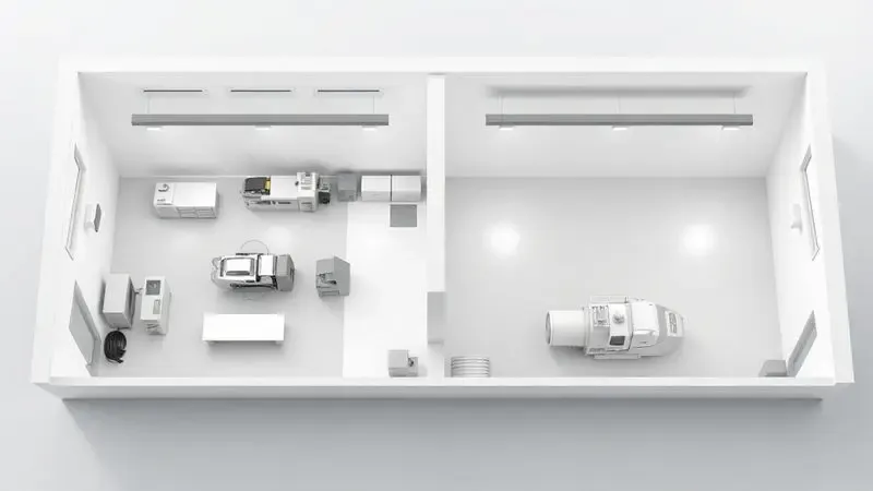 Ilustração conceitual de planejamento de espaço para diferentes tamanhos de oficinas e máquinas de impressão industrial.