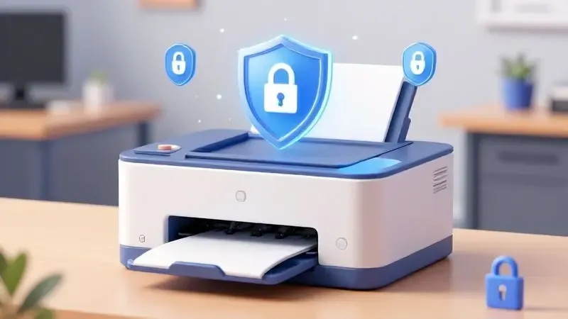 Representação conceitual de segurança de impressora com ícones de cadeado e escudo digital flutuando ao redor