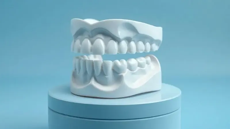 Ilustração digital detalhada de um modelo protético dentário impresso em 3D, demonstrando alta precisão e acabamento.
