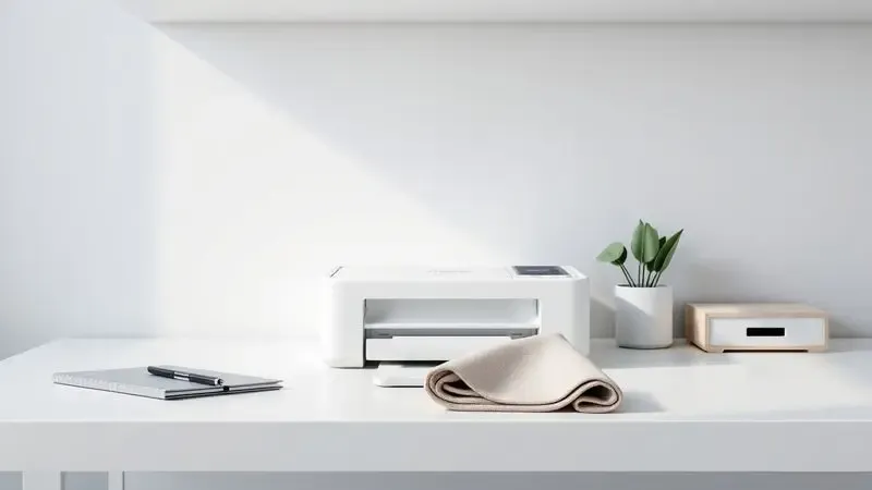 Mesa de trabalho organizada e limpa preparada para a manutenção e recarga de uma impressora de tanque.