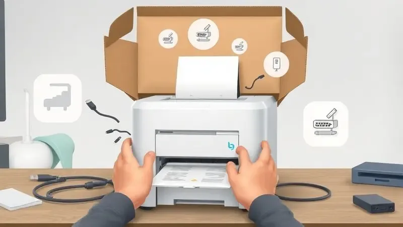 Preparação física de impressora térmica com cabos de conexão e elementos de configuração