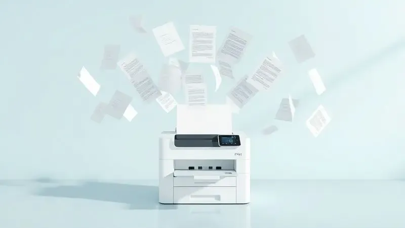 Ilustração conceitual mostrando papéis e documentos flutuando de forma organizada em direção a uma impressora, simbolizando agilidade.