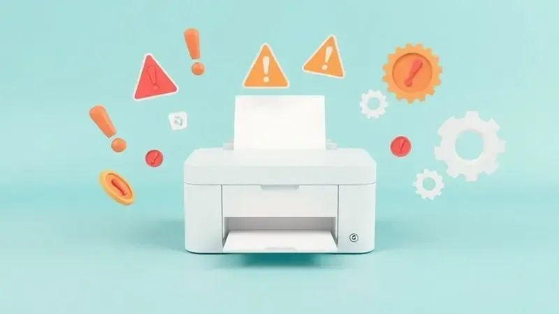 Ícones conceituais representando problemas comuns de impressão em estilo 3D minimalista.