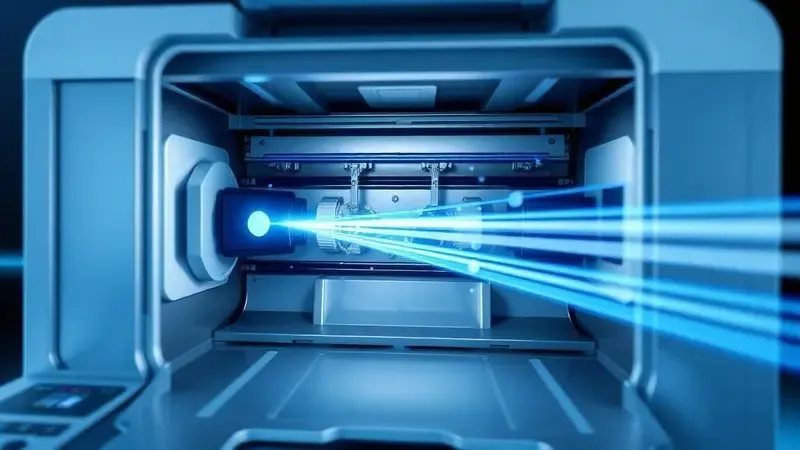Ilustração técnica e abstrata dos componentes internos de impressão laser e jato de tinta.