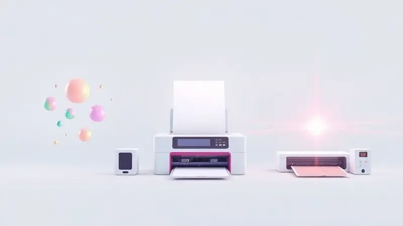 Ilustração conceitual e artística comparando diferentes tecnologias de impressão em um ambiente limpo.