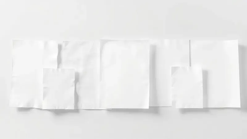 Ilustração 3D de diferentes tipos de papéis transfer organizados de forma artística em um ambiente minimalista.