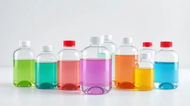 Representação 3D artística de diferentes tipos e cores de resina para impressão 3D em frascos conceituais.