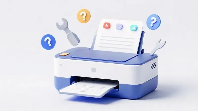 Cena conceitual de solução de problemas de impressora com ícones de interrogação e ferramentas flutuantes