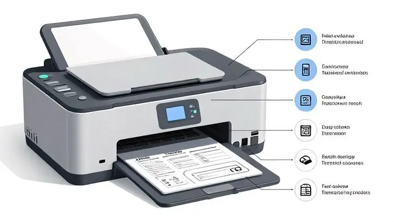 Ilustração conceitual de problemas técnicos e soluções para impressora fiscal