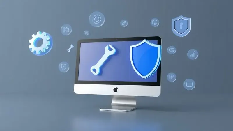 Renderização 3D de um monitor com ícones de suporte técnico flutuando ao redor, representando diagnósticos e soluções de problemas.