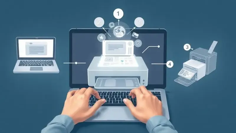 Procedimento conceitual de reset de impressora mostrando conexão entre computador e equipamento