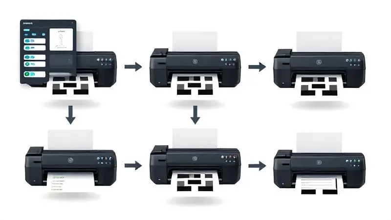 Ilustração do processo passo a passo para calibração automática de impressora