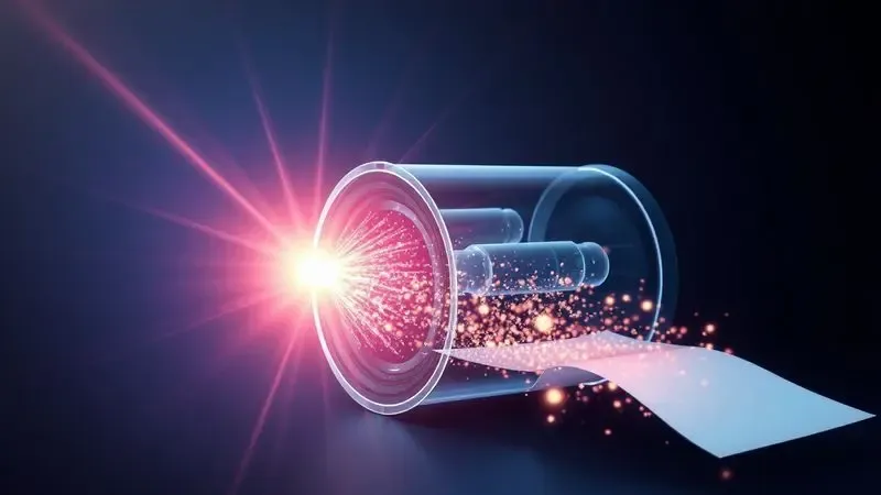 Ilustração conceitual mostrando o feixe de laser atingindo o cilindro fotossensível durante o processo de impressão.