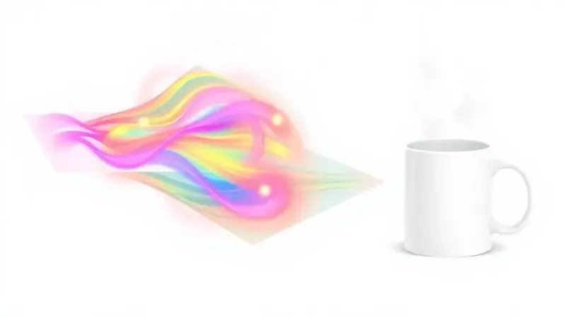 Ilustração conceitual do processo de sublimação térmica transferindo cores de um papel para uma caneca de cerâmica branca.