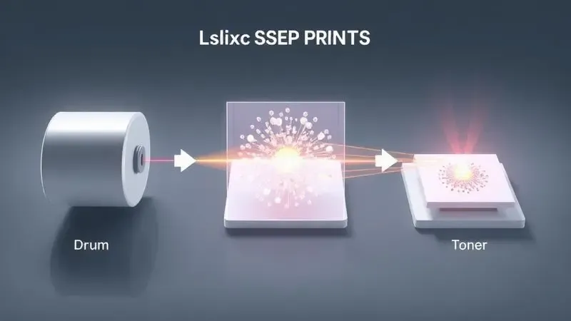 Ilustração 3D do processo de impressão laser com visualização conceitual dos estágios