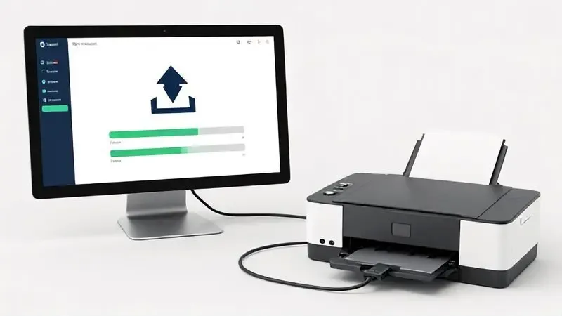 Processo conceitual de instalação de driver, interface de download e conexão USB com impressora unbranded.