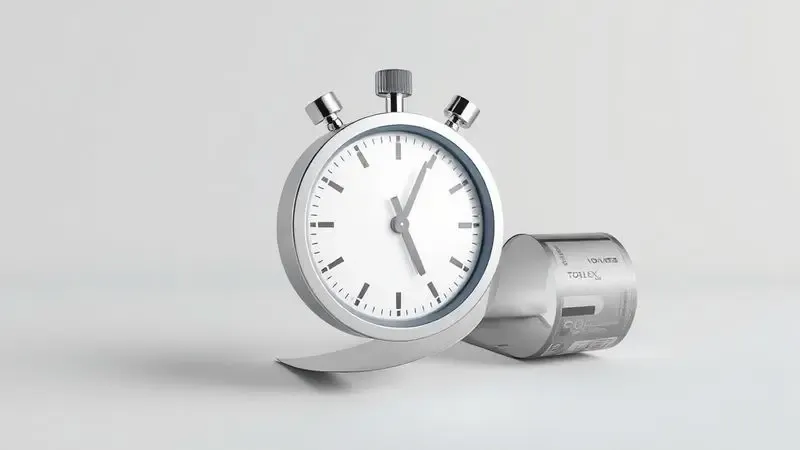 Representação visual de alta velocidade de produção e eficiência com um cronômetro estilizado e rolos de filme.