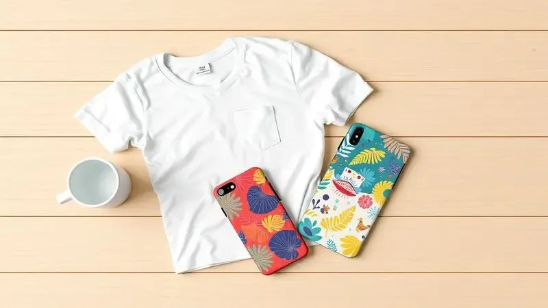 Variedade de produtos personalizados como canecas, camisetas e capas de celular criados através da técnica de sublimação.