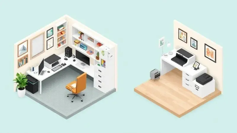 Ilustração isométrica comparando o uso doméstico de alto volume e o uso ocasional de diferentes sistemas de impressão.