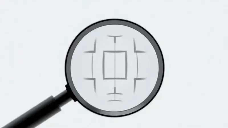 Close-up conceitual em 3D de uma lente de aumento mostrando a alta precisão e nitidez de um padrão impresso.