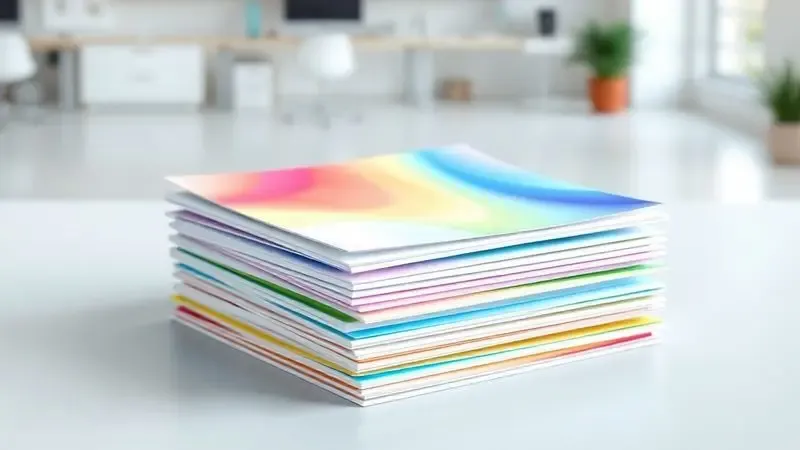 Ilustração 3D de papéis impressos com um espectro de cores vibrantes e padrões geométricos, focando na nitidez da impressão.