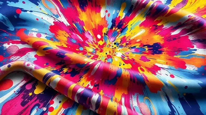 Ilustração digital vibrante mostrando a transferência de cores intensas e padrões detalhados para um tecido.