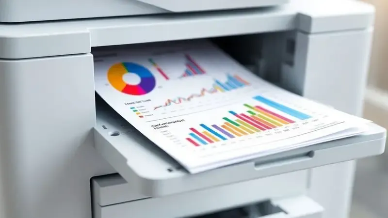 Ilustração digital de documentos com gráficos coloridos e nítidos saindo da bandeja de uma impressora.