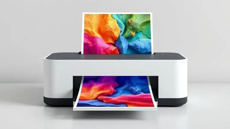 Representação artística de impressões coloridas vibrantes com alta definição saindo de uma impressora estilizada.