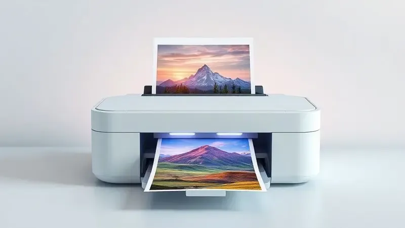 Renderização artística de fotografias de paisagens vibrantes sendo produzidas por uma impressora fotográfica minimalista e genérica.