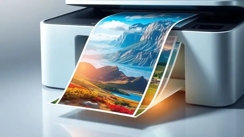 Ilustração digital de fotos coloridas de alta qualidade e paisagens sendo impressas em um equipamento genérico e elegante.