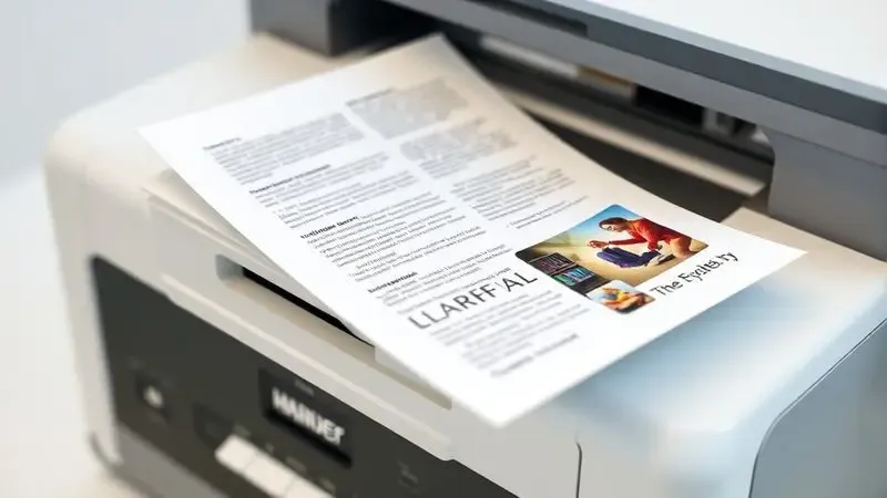 Renderização artística de folhas impressas com textos nítidos e gráficos coloridos saindo de uma impressora genérica.