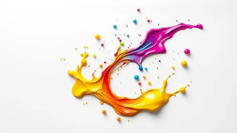 Ilustração 3D de gotas de tinta coloridas atingindo um papel branco, representando alta qualidade e nitidez de impressão.