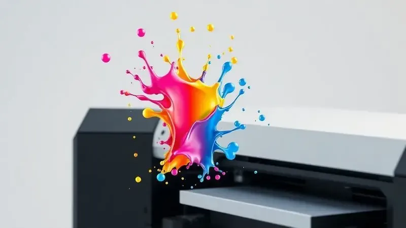 Renderização artística de gotas de tinta colorida CMYK simbolizando a alta qualidade de impressão em mídias físicas.