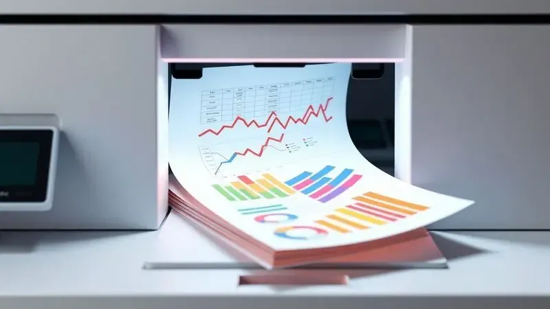 Renderização 3D de documentos e gráficos coloridos saindo de forma rápida da bandeja de uma impressora.