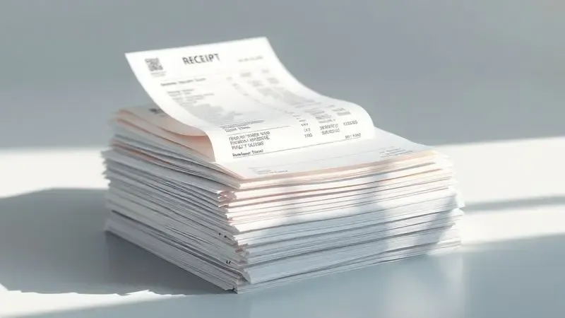 Ilustração artística de recibos térmicos empilhados mostrando o conceito de durabilidade da tinta e do papel.