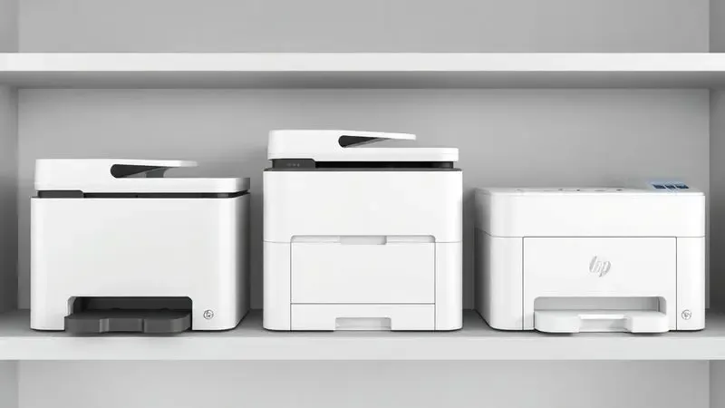 Comparativo de diferentes modelos de impressoras modernas em uma prateleira organizada e minimalista.