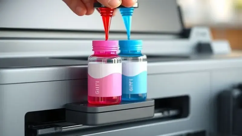 Ilustração 3D realista de um sistema de reservatório de tinta sendo abastecido com líquido colorido vibrante.