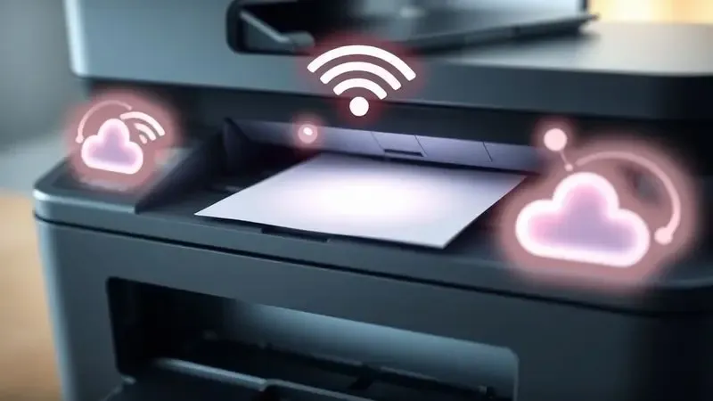 Esquema conceitual mostrando um alimentador automático de documentos (ADF) e ícones de conectividade sem fio.