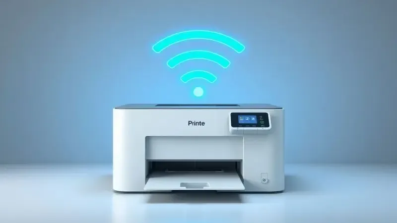 Representação digital de ondas de conexão Wi-Fi saindo de uma impressora estilizada e minimalista.