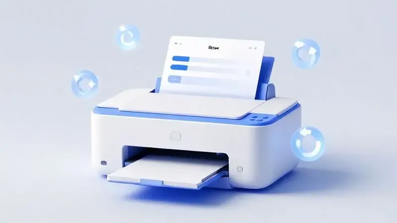Representação conceitual do processo de redefinição de fábrica de impressora com símbolos de setas circulares