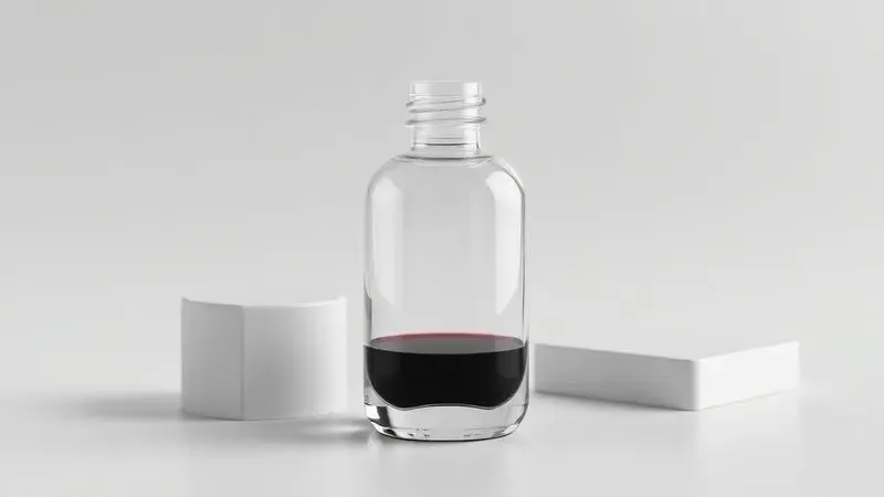 Renderização 3D de um frasco de refil de tinta genérico e sem rótulos sobre uma superfície moderna e limpa.