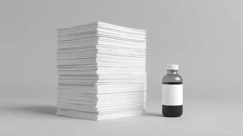 Representação visual de alto rendimento com uma grande pilha de papéis ao lado de uma pequena garrafa de tinta unbranded.