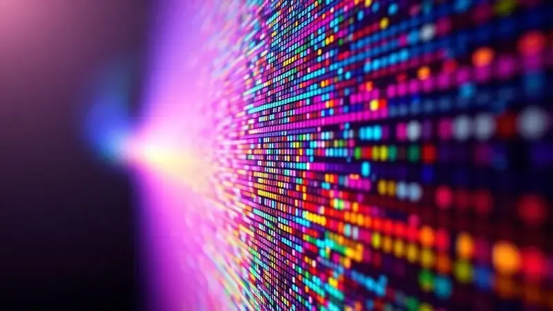 Ilustração digital detalhada mostrando a transição de pixels coloridos para uma imagem fotográfica nítida e vibrante.