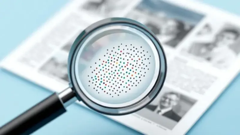 Representação visual de alta resolução em uma impressão, mostrando a nitidez e os detalhes dos pontos de tinta sob uma lupa.