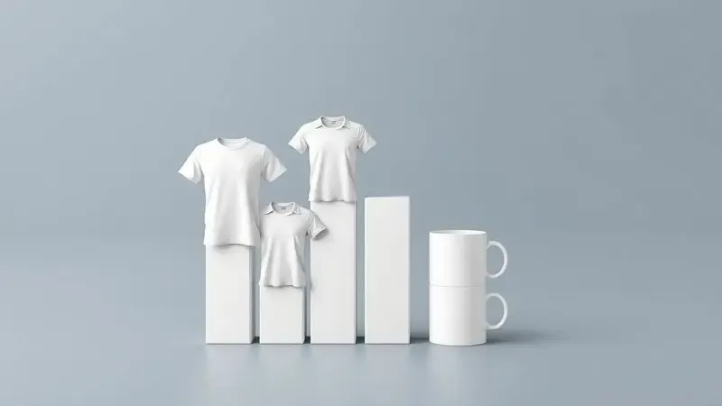 Ilustração de um gráfico de barras crescente formado por produtos personalizados genéricos, simbolizando lucro no negócio.