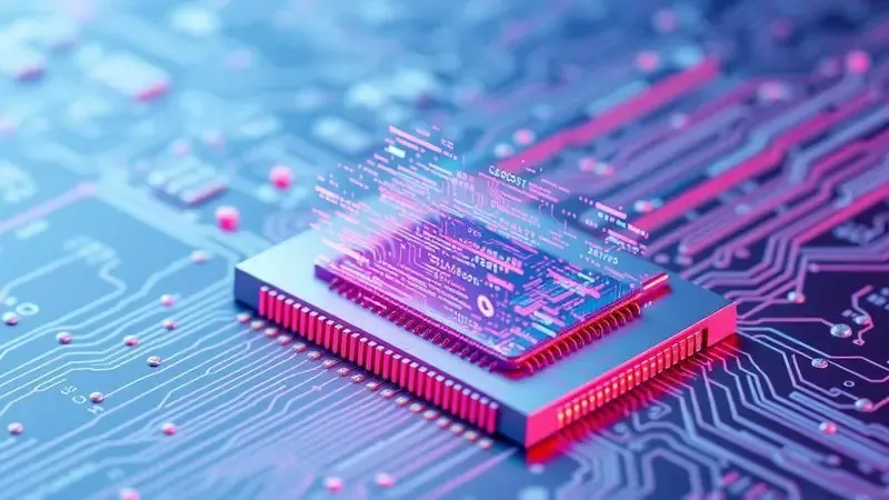 Representação conceitual dos riscos técnicos e falhas de software em um circuito eletrônico estilizado.