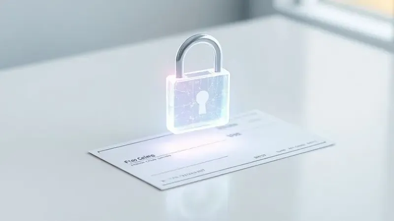 Ilustração digital de um cadeado de segurança sobre um cheque, simbolizando proteção contra fraudes financeiras.
