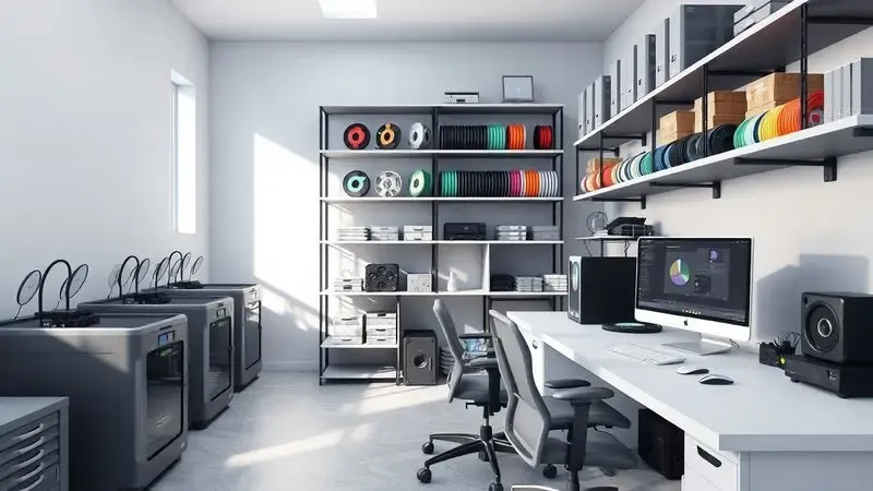 Espaço de trabalho organizado e moderno configurado para uma operação profissional de impressão 3D em casa.