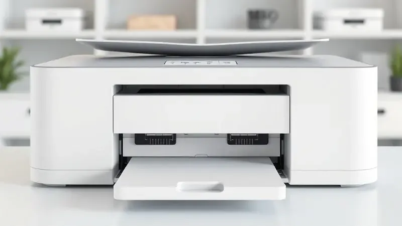 Renderização 3D estilizada de uma impressora com tanques de tinta visíveis em um escritório minimalista e moderno.